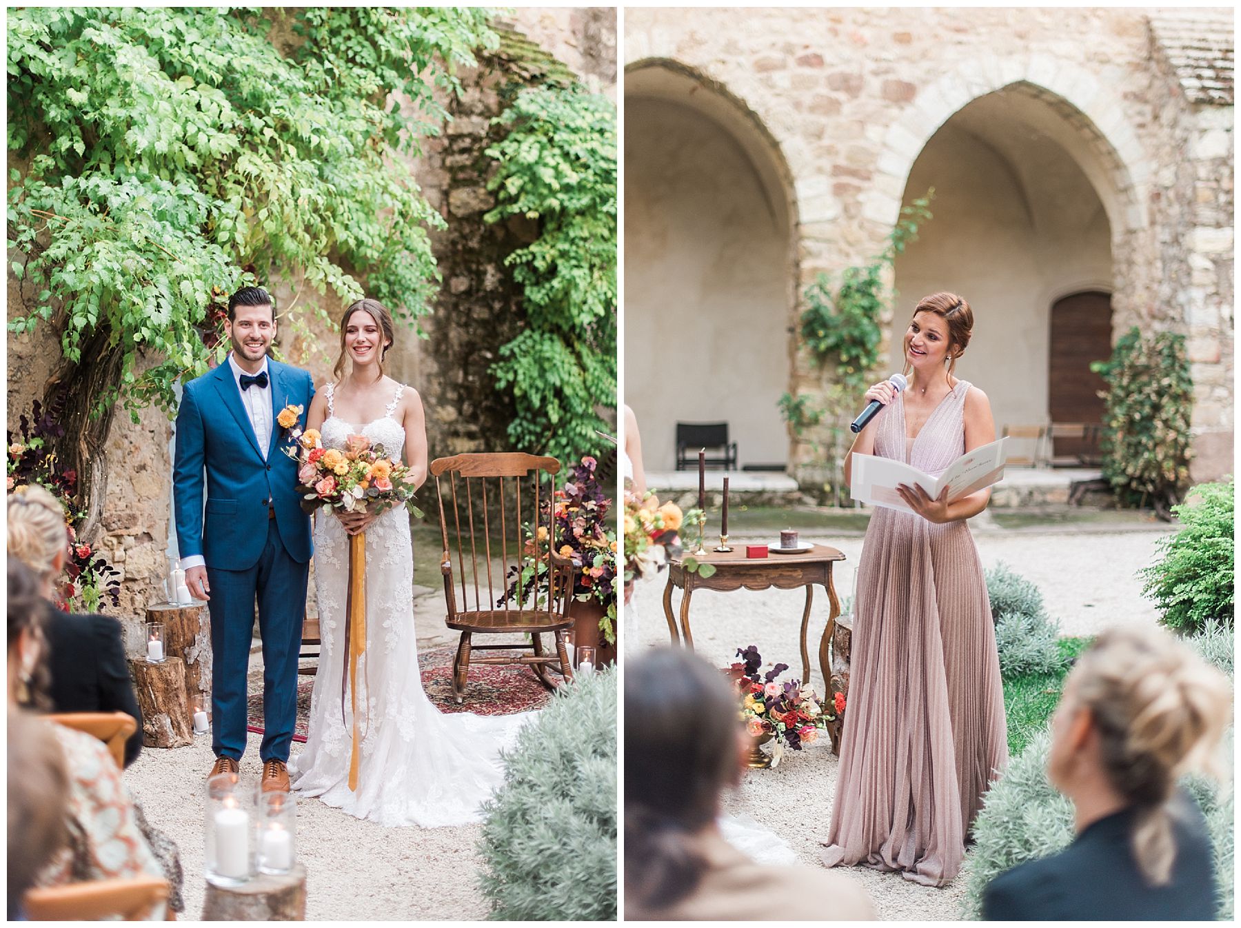 couple et officiant cérémonie château sainte roseline mariage